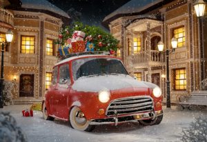 Amazing funny retro car with christmas tree and gift boxes on the roof in the cute city at night. Unusual christmas illustration